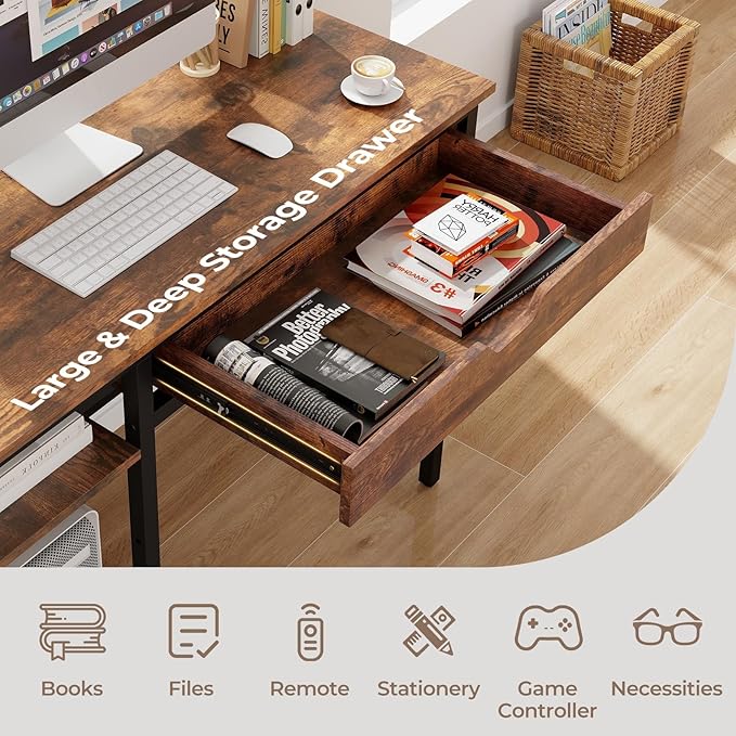 GOFLAME Computer Desk with Drawer Writing Desk with Power Outlets Storage Shelf Monitor Stand Gaming Desk Table Workstation for Home Office Bedroom Rustic Brown