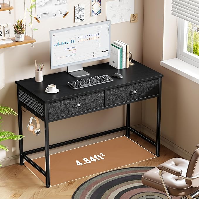 Furologee Small Computer Desk with 2 Fabric Drawers for Bedroom 40 Inch Simple Home Office Desk for Small Space Study Work Writing Table with Hooks for Kids Student Black