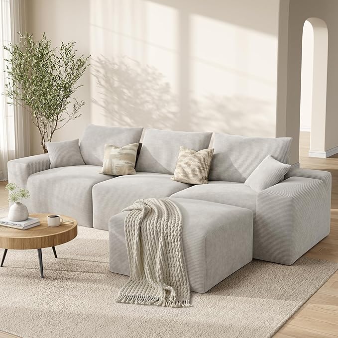 LIKIMIO Modular Sectional Sofa with Ottoman 120 Oversized Deep Seat Boneless Couch Corduroy Upholstery No Assembly Required Modern L-Shaped Living Room Sofa Greige