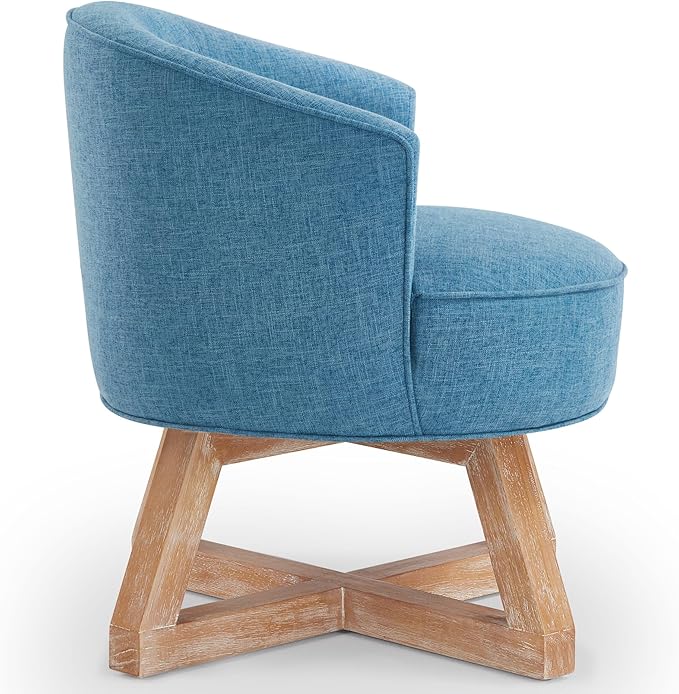 LUMISOL 360° Swivel Chair with Cross Shaped Wooden Base and Solid Wood Legs Linen Swivel Chair with Upholstered Seats with Curved Backs for Living Room Bedroom Office Light Blue