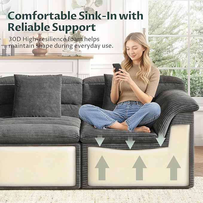 112 Modular Cloud Sectional Couch with Ottoman Modern Upholstered Compressed Sofa with Deep Seat Comfy L-Shape Corduroy Couches for Living Room No Assembly Required Dark Gray