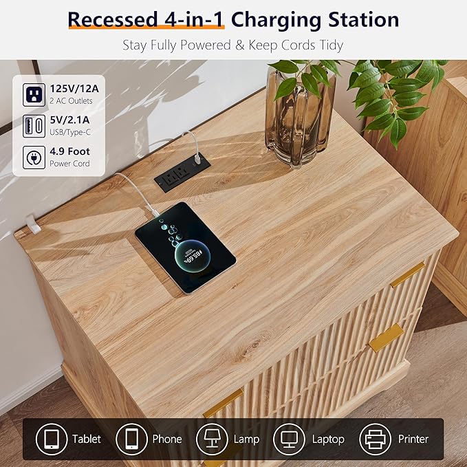 JXQTLINGMU 2 Drawer File Cabinet with Charging Station 30 Fluted Lateral File Cabinet w/Files Hanging Rod for Letter/Legal/A4 Large Tabletop for Printer Office Wood Printer Cabinets Oak