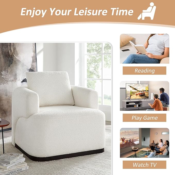 Oversized Living Room Chair Modern Comfy Boucle Accent Chairs with Throw Pillow Upholstered Armchair for Bedroom Office Waiting Room Fully Assembled (White)