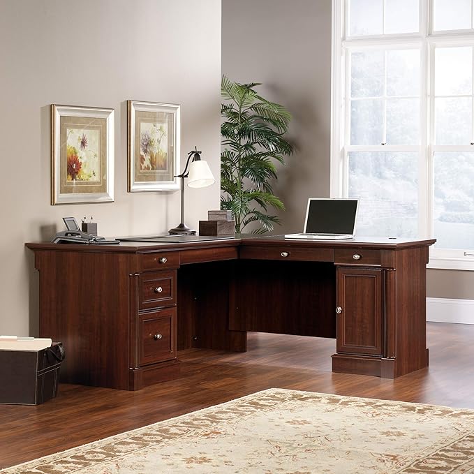 Sauder Palladia L Shaped Desk with Drawers Office Desk with File Cabinet Storage Cable Management Keyboard Tray in Select Cherry finish