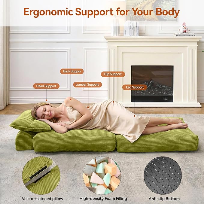 Folding Sofa Bed Fold Out Chair Bed with Pillow Convertible Sleeper Chair for Living Room/Small Spaces Foldable Lazy Sofa Bed Floor Chair Comfy Corduroy Couch Bed Pistachio Green