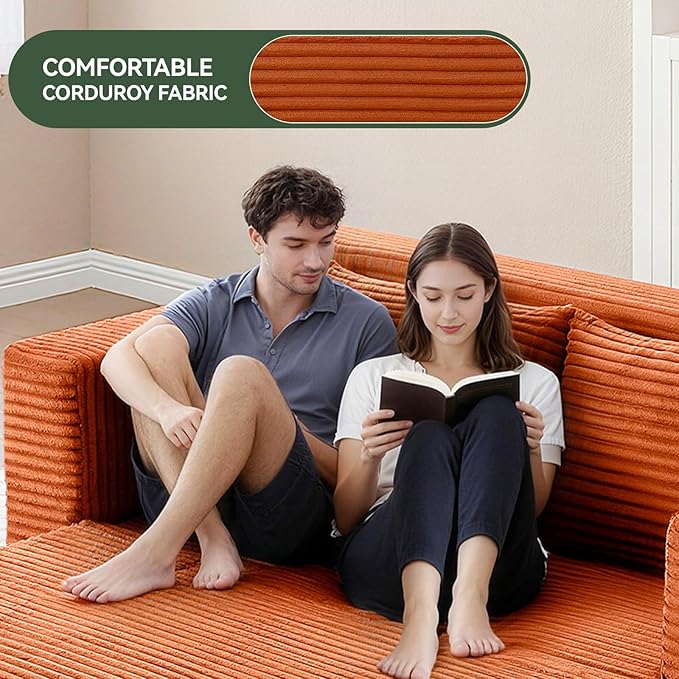 73 Convertible Sofa Bed Pull Out Boneless Loveseat Sleeper Sofa Corduroy Foldable Couch Bed with Storage Bag No Assembly Couch in a Box for Living Room Apartment (Orange)