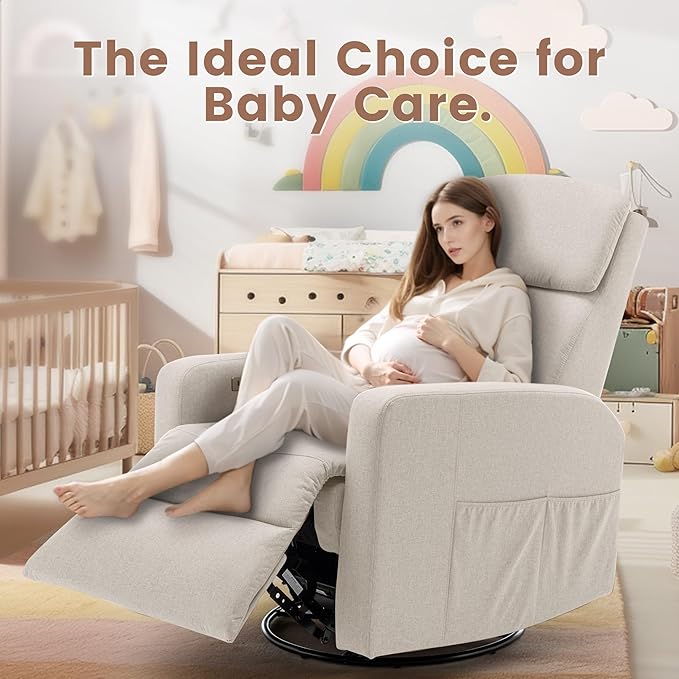 Power Swivel Recliner Chairs for Adults Electric Glider Rocking Chair Nursery Glider Recliner Nursery Chair with Classified Side Pocket Nursery Rocking Chairs with USB and Type-C Ports