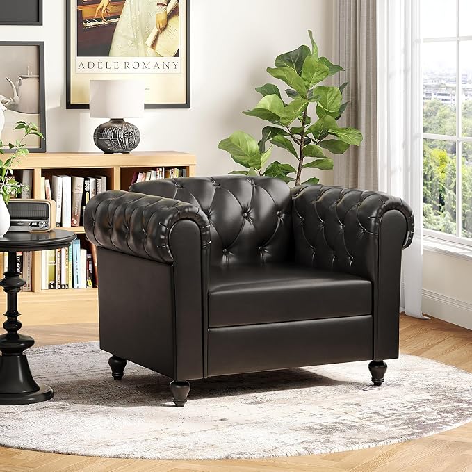 Black Faux Leather Accent Chairs Button-Tufted Upholstered Club Chair Retro Armchairs Mid Century Modern Accent Chair with Solid Wood Legs Cozy Chesterfield Couch Chairs for Living Room Bedroom