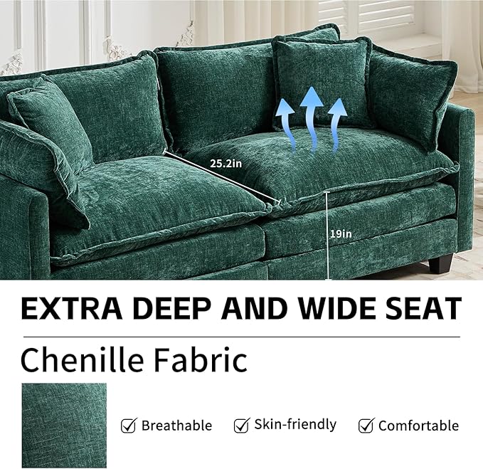 113.78 Modular Cloud Couch Sectional U Shaped Modular Sectional Sofa with Movable Ottoman and Throw Pillows Comfy Chenille Fabric Deep Seat Cloud Sofa Couches for Living Room (Green3-Seater)