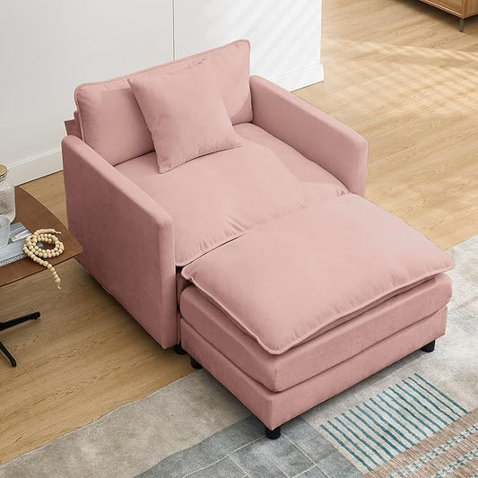 Modern Accent Chair with Ottoman Set for Small Spaces Comfy Polyester Barrel Reading Chair - Ergonomic Design Non-Slip Feet Easy Assembly for Living Room Bedroom Adults (Pink)