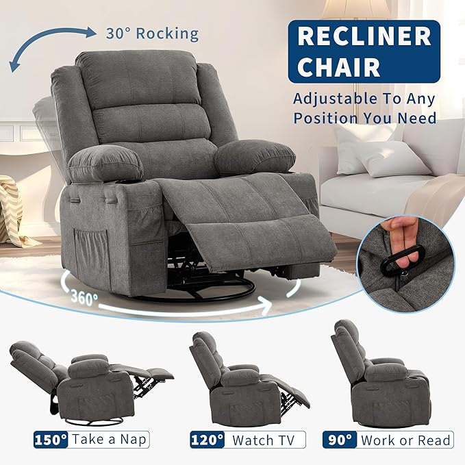 360° Swivel Recliner Chair for Adult Linen Rocker Chair with 3 Positions/2 Side Pockets/Cup Holders Manual Nursery Glider Rocking Chair for Bedroom Living Room Office