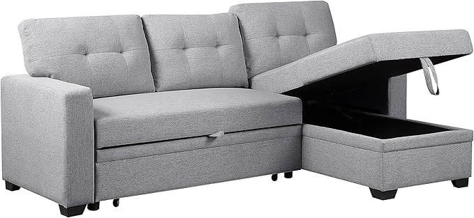 ERYE 82-inch Pull Out Sleeper Couch Bed L-Shaped Reversible Sleeper Sectional Sofa Linen Blend Tufted Upholstered Corner Convertible Sofa Bed with Storage Chaise