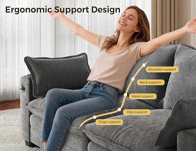 80 Cloud Sofa Loveseat for Living Room 2-Seats Couches with Wide Armrest Storage Charging Station Led Lights Modern Chenille Fabric Sofa for Small Space Grey