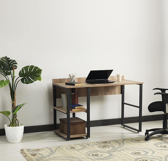 Rasse Black Metal Frame Wooden Top Computer Desk Desk for Home Office Oak - 2 Shelves Writing 58