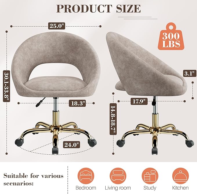 Vanity Chair with Wheels Waterproof Modern Makeup Vanity Chairs with Back Adjustable Height Comfy Cute Home Office Desk Chairs for Bedroom Living Room (Khaki)