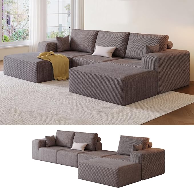 109 Modular Sectional Sofa with Ottoman - U Shaped Oversized Deep Seat Cloud Boneless Couch for Living Room Corduroy Fabric No Assembly Required (Brown 2 Ottoman)