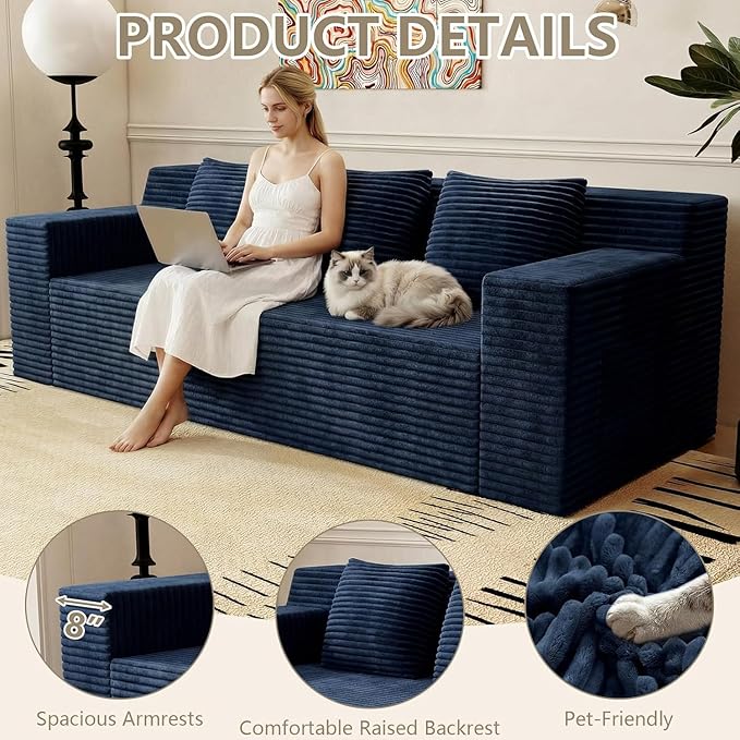 71 Cloud Boneless Loveseat Sofa Couch Bean Bag 3-Seater Couch with Memory Foam Corduroy Comfy Floor Sofa Deep Seat for Living Room Bedroom Apartment No Assembly (Blue)