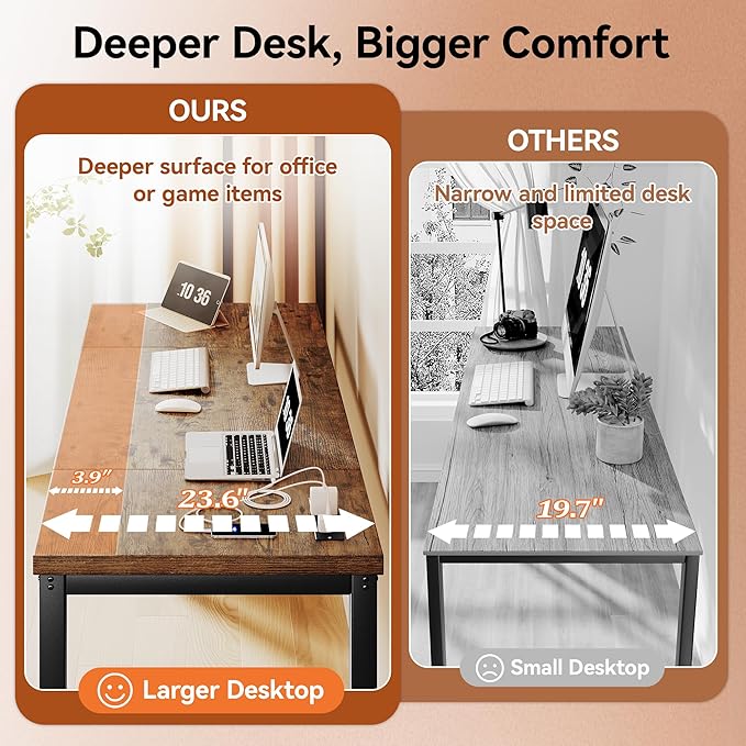 Computer Desk with Power Outlets 63 Inch Large Home Office Desk with Deeper &amp Thicker Desktop Modern Gaming Desk Study Writing Work Desk Metal Frame Rustic Brown