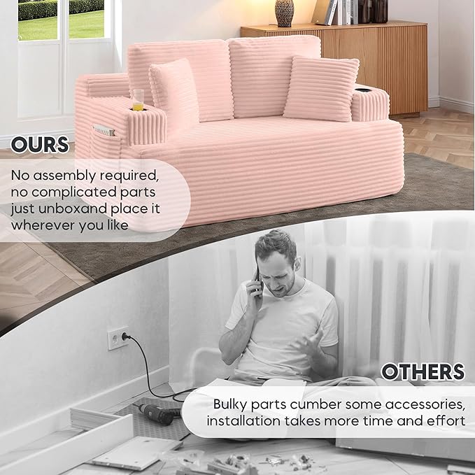 66.5'' Boneless Sofa Couch with Cup Holders &amp Side Pockets Modern Corduroy Fabric Upholstered Loveseat Couch with 2 Throw Pillows for Living Room Office No Assembly (Pink)