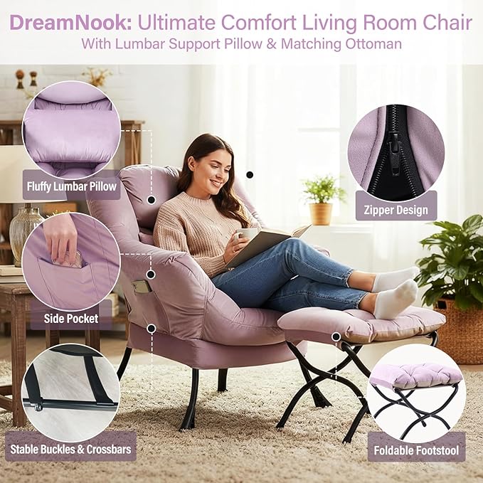 Lazy Chair with Ottoman Modern Accent Chair with Lumbar Pillow Velvet Light Purple Sofa Armchairs with Folding Footrest Oversized Supportive Chairs for Bedroom Reading