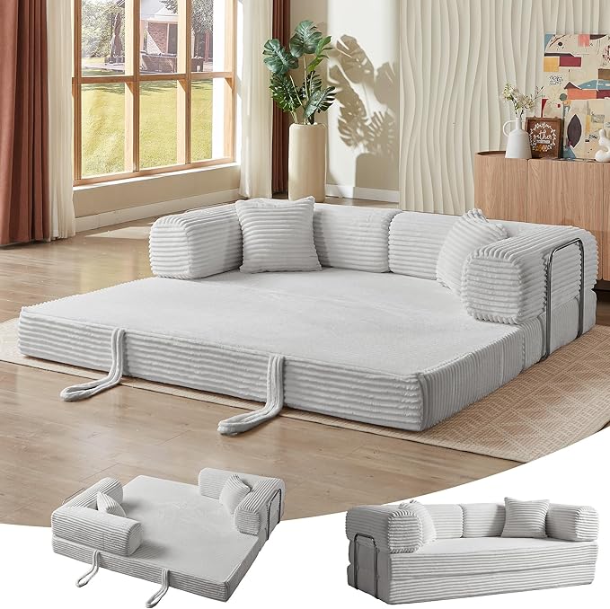 Convertible Folding Sofa BedFold Out Floor Sofa Couch with Fixed-Shape FrameCorduroy Foldable Mattress Cloud Couch for Living Room Bedroom (Light Gray 81 Inch)