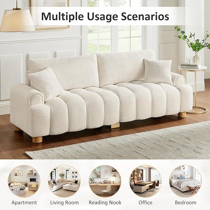 VANOMi Boucle Sofa Couch 91 Comfy Tufted Upholstered Cloud Couches Modern 3 Seater Sofa with Pillows Oversized Deep Seat Sherpa Couch for Living Room Bedroom Apartment (White)