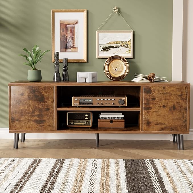 JUMMICO TV Stand for 65 Inch TV Mid Century Modern TV Stand Entertainment Center with Storage Cabinet and Open Shelves TV Console Table Media Cabinet for Living Room and Bedroom (Rustic Brown)
