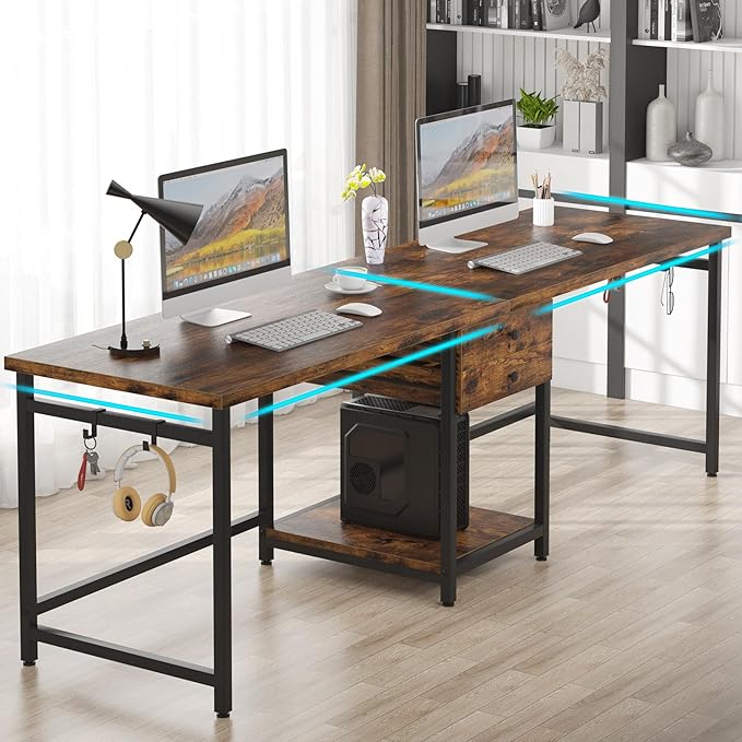 Tribesigns Two Person Desk 79 Inch Double Desk with 2 Drawers Large Computer Desk Long Desks with Storage Shelves Writing Table Study Desk for Home Office Rustic Brown (NY001)