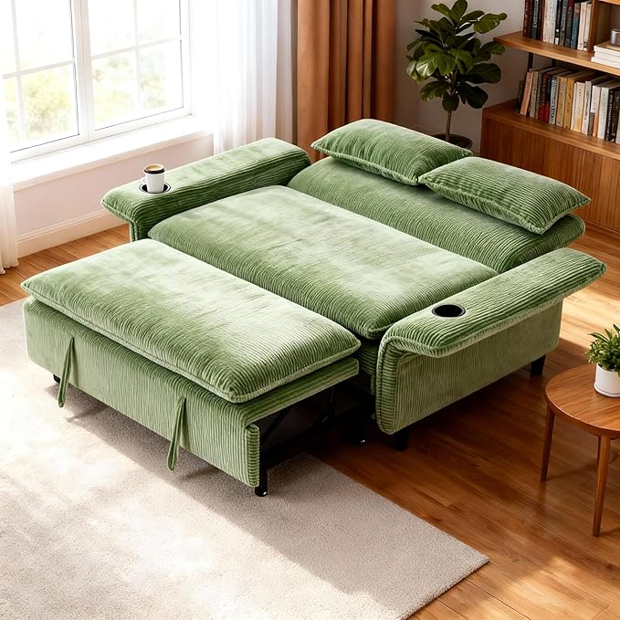 3 in 1 Convertible Sleeper Sofa Bed Loveseat Sleeper 65” Pull Out Couch Adjustable Armrest and Backrest with 2 Pillows for Living Room Bedroom (Green)