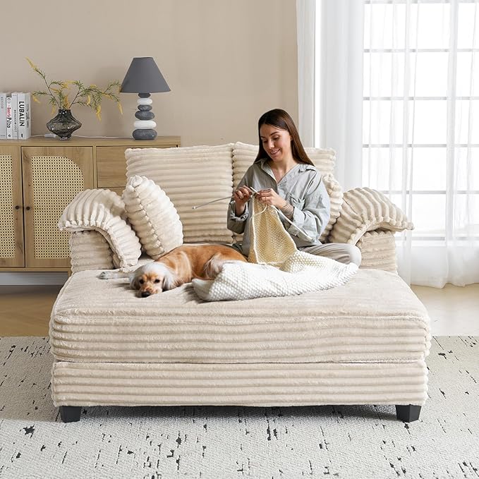 VINGLI 56 Oversized Chaise Lounge Chair Beige Comfy Corduroy Chaise Sofa Recliner Bed Upholstered Sleeper Couch Bed with Throw Pillows and Armrests for Living Room Movie Room Bedroom