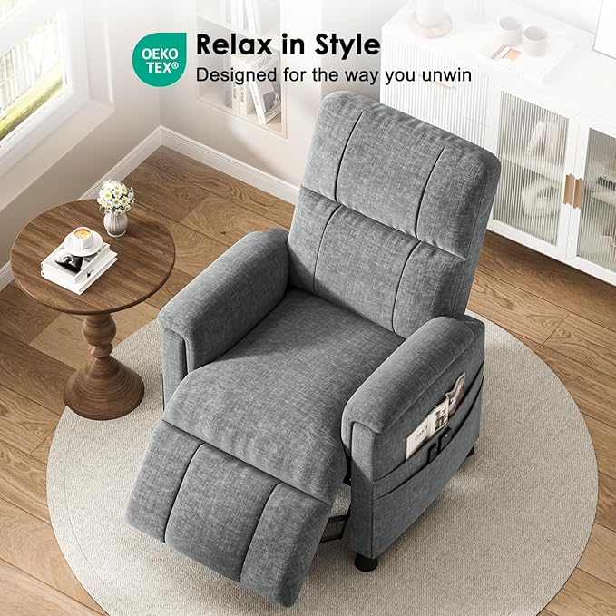 Pipishell Power Recliner Chair for AdultsElectric Recliner with Remote Adjustable Recline/Footrest Chenille FabricThick Seat Cushion Small Recliner for Living Room Home Theater Grey