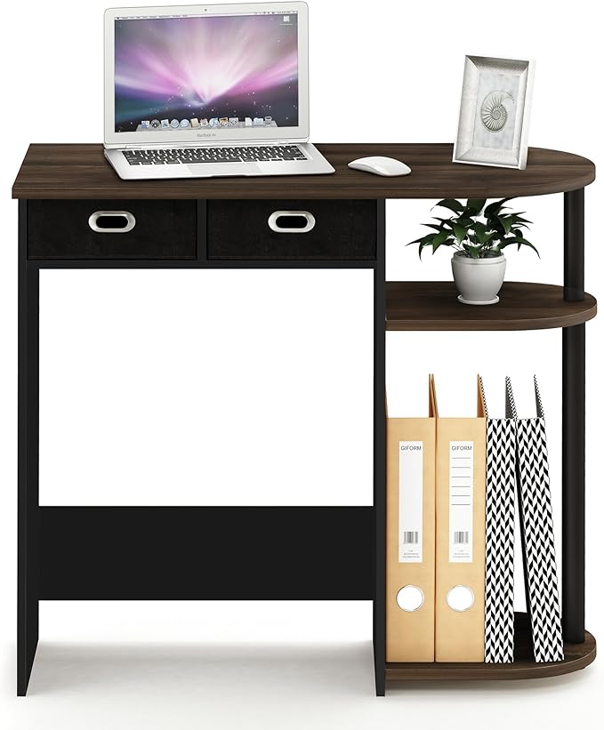 Furinno GO GREEN Desk 31.5 Wide Gaming Desk with 2 Side Shelves and Storage Bins Computer Desk Office Desk for Home Office Study Room Dorm Bedroom Columbia Walnut