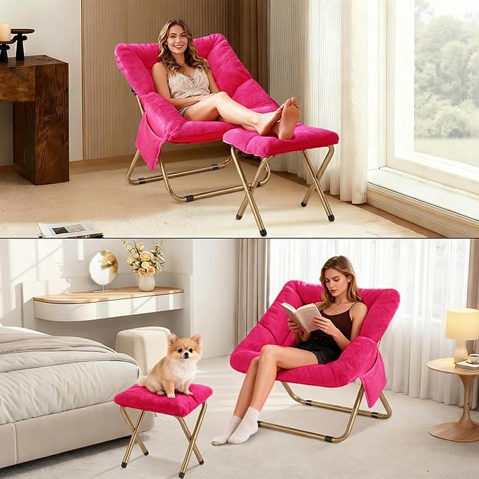 Comfy Saucer Chair for Adults Foldable Living Room Chairs Soft Faux Fur Lounge Chair for Bedroom Reading Chairs X-Large (Ottoman-Hot Pink)