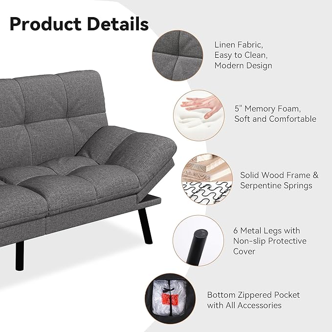 Convertible Futon Sofa Bed71 Memory Foam Futon CouchDetachable CushionAdjustable Backrest &amp ArmrestLinen Modern Loveseat Sleeper Recliner for Living RoomOfficeApartmentMist Grey