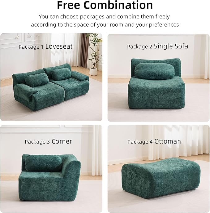 148.2 Boneless Couches for Living Room Set Cloud Modular Sectional Sofa in a Box Memory Foam Modern Couch Big Comfy Compressed Sofas L Shaped Couch with Corner Bedroom Apartment Dark Green
