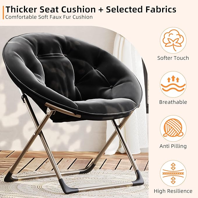 Garvee Saucer Chair Comfy Chair Faux Fur Lounge Moon Chair with Folding Metal Frame Oversized Plush Foldable Flower Accent Seat for Adults Teens Bedroom Dorm or Living Room(1PCS Black)