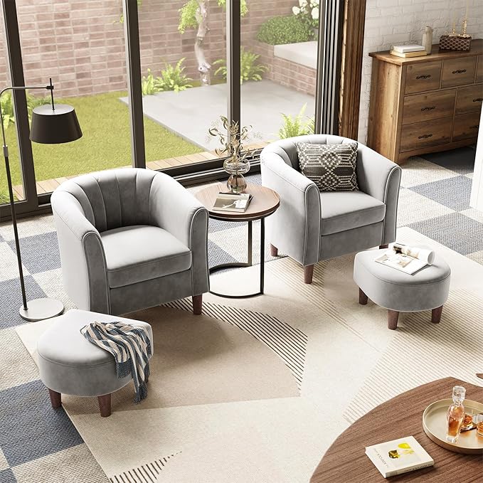 LINSY Accent Chair Set of 2 Velvet Barrel Chair with Ottoman Modern Comfy Small Armchair for Small Spaces Reading Room Living Room Bedroom Kids Room Office Grey
