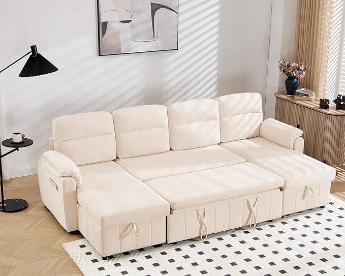 Tbfit 108'' Pull Out Sofa Cloud Sleeper Sofa Bed with USB &amp 2 Storage Chaises Comfy Oersized U Shaped Convertible Sectional Sleeper Couches for Living Room Apartment Office Beige