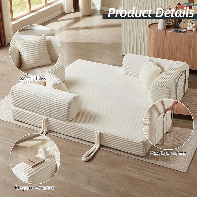 4-in-1 Convertible Folding Sleeper Sofa Bed Plush Corduroy Foldable Mattress Couch with Fixed-Shape Frame Floor Compressed Sofa for Living Room Bedroom (White)