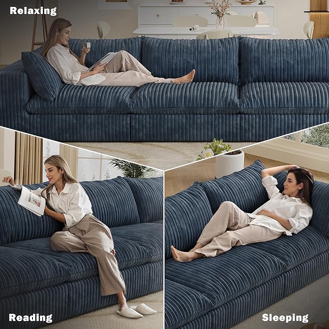 118.2 Oversized 3-Seater Modular Sectional Sofa Modern Comfy Plush Corduroy Upholstered Boneless Couch No Assembly Required Fluffy Deep Seat Cloud Couch for Living Room (Blue 3 Seater)