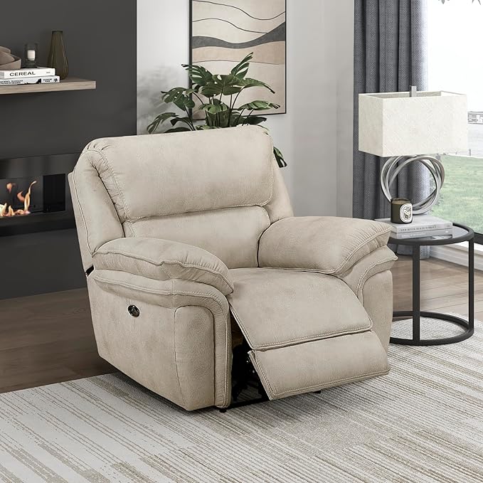 Lexicon Power Reclining Chair for Adults Polished Microfiber Power Recliner Single Sofa Chair for Bedroom/Living Room/Reading Nook Foam Over Pocket Coils Pillow Top Arms Charging Port Sand