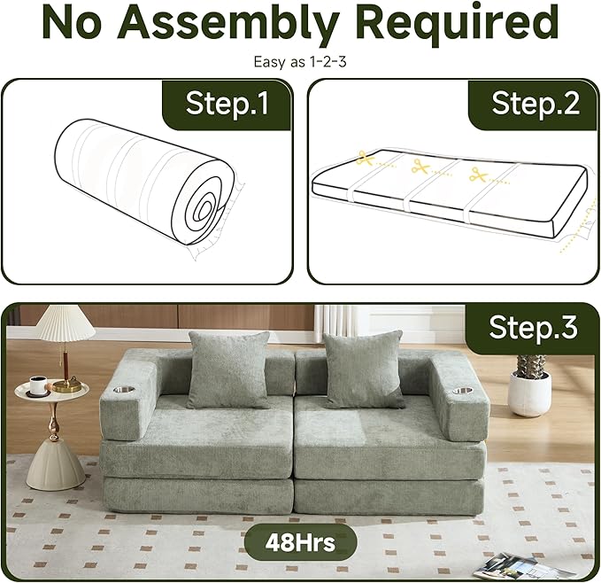 Convertible Sleeper Sofa Bed – 77'' 3-Seater Futon Couch with Corduroy Upholstery Pull-Out Floor Bed High-Density Foam No Assembly Perfect for Living Room Bedroom Apartment Studio (Green)