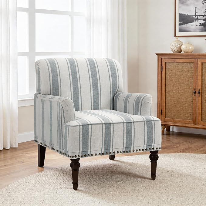 Accent Chair Stripe Armchair for Small Space Comfy Upholstered Club Arm Chair in Fabric Single Reading Chair for Living Room Bedroom Office(Blue Stripe)