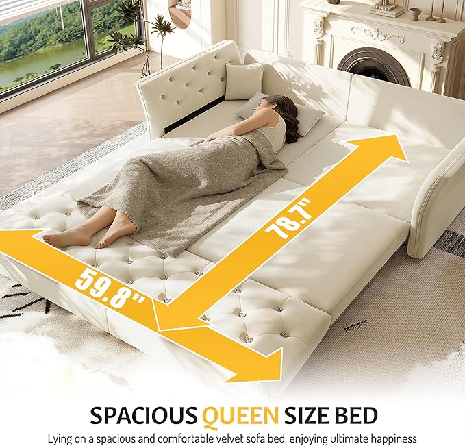 74.4'' Queen Size Sleeper Sofa Velvet Pull Out Couch with Flower-Tuffed Back Chesterfield Convertible Futon Sofa Bed 2 Pillows Deep Loveseat Couches for Living Room Small Spaces Beige