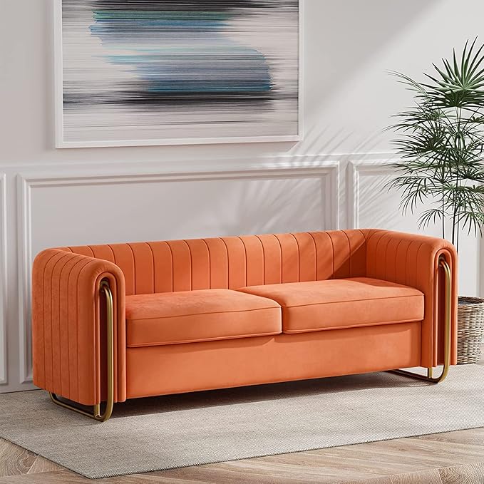 KEVINSPACE 84.25 Modern Sofa Couch Velvet Loveseat Sectional Sofa Couch with Gold Legs for 3-4 Persons Upholstered Deep Seat Love Seat Mid-Century Sofa for Living Room Office Apartment Orange