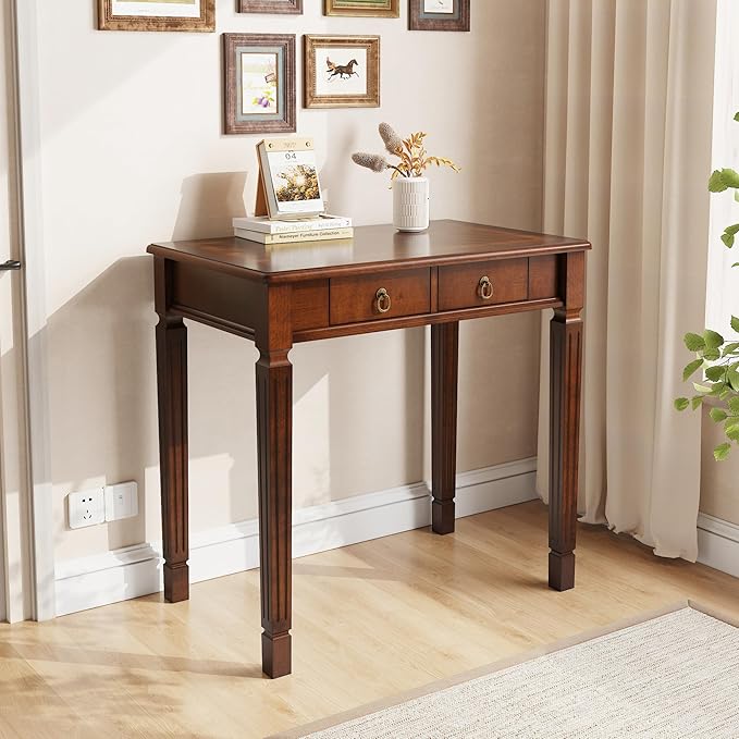 Vintage Wooden Writing Desk with 2 Drawers Small Computer Desk Workstation 31.5in Wide Study Table for Home Office Small Secretary Table in Cherry Walnut SSZ-D1258