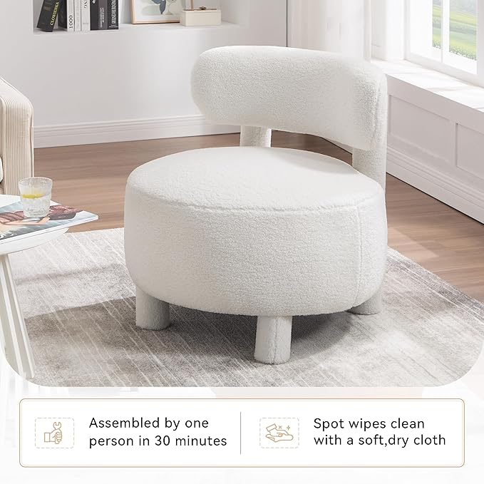 Modern Armless Accent Chair Comfortable Upholstered Living Room Chair with Curved Backrest and Solid Wooden Legs Bedroom Reading Chair Entrance Dressing Table Apartmen (White + Teddy)