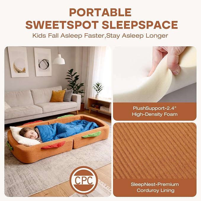 Toddler Travel Bed Sandwich Style - Portable Toddlers Floor Beds Foldable Soft Foam Travel Crib for Baby and Kid Washable Cover Toddler Cot with Safety Rail for Travel Medium Size