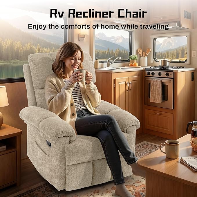Recliner Chair Swivel Rocker Recliner Chair for Adults Small Recliners for Small Spaces Manual Recliner with Side Pockets Upholstered Nursery Rocking Chair for Living Room Chenille Khaki