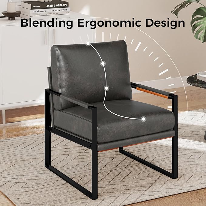 CANMOV Mid Century Modern Accent Chair Set of 4 Breathable PU Leather Armchair with Removable Cushion Comfy Living Room Chairs with Sturdy Metal FrameThicker Backrest for Living RoomDark Grey